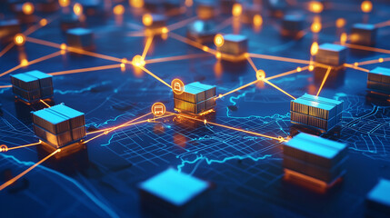 A 3D rendering depicts a global supply chain network. Numerous shipping containers are interconnected by glowing lines, illustrating efficient logistics and realtime tracking across a world map.