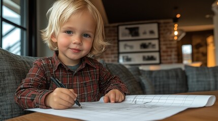 Child drawing on paper in a cozy indoor setting.