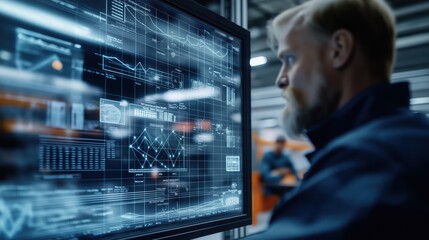 Worker analyzes data on large digital interface with graphs, charts. Tech solutions, inventory management displayed in warehouse environment. Futuristic system for efficient inventory tracking in