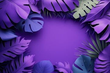 Purple Tropical Leaves Frame Wallpaper, Modern Botanical Border Wallpaper, Design for Nature-Themed Art and Stylish Backdrops, Copy Space for Text