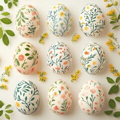 Fototapeta premium A vibrant assortment of patterned Easter eggs surrounded by fresh greenery, reflecting the beauty of springtime celebration.