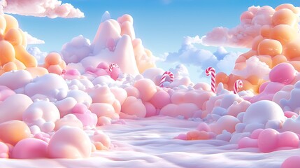 Whimsical candy landscape with pastel clouds, mountains, and candy canes under a bright sky.