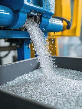 Industrial machine extrudes PVC plastic granules into pipe shapes. Closeup view of raw material processing. Molten plastic resin shaped into tubing. Factory workshop setting. Modern manufacturing