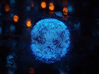 Glowing blue fingerprint on dark reflective surface. Tech illustration shows unique biometric pattern. Modern tech security concept. Forensic id mark. Digital illustration represents unique human