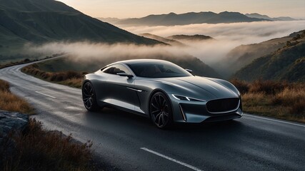 Fototapeta premium Serene Drive: Luxury Sports Car on Scenic Mountain Road at Dawn 
