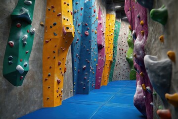 Naklejka premium Colorful rock climbing wall inside gym. Many different colors, shapes of holds on vertical surfaces. No people visible. Wall suitable for bouldering. Indoor climbing facility. Perfect for active
