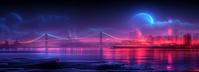 Colorful illustration of suspension bridge over river, wide.angle,landscape,scene,wallpaper background,backdrop