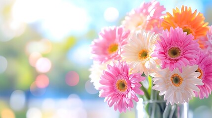 Vibrant gerbera daisies in a glass vase, bathed in soft sunlight against a bokeh background.