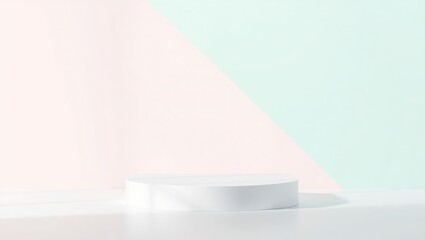 White cylindrical platform against pastel pink and green background