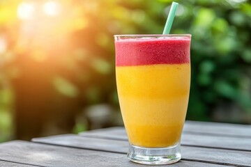 Refreshing Layered Fruit Smoothie with Bright Red and Yellow Colors in a Glass on a Wooden Table Surrounded by Lush Greenery in Background