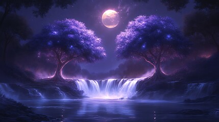 Fototapeta premium Magical night scene with glowing purple trees flanking a waterfall under a full moon.