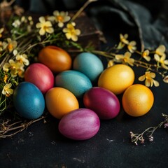 A colorful arrangement of decorative Easter eggs set amongst charming flowers and greenery in soft light.