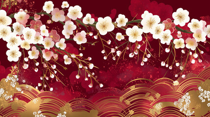 和柄-梅と波-赤