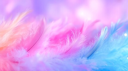 Obraz premium Soft pastel pink, purple, and blue feathers. Close-up, blurred background.