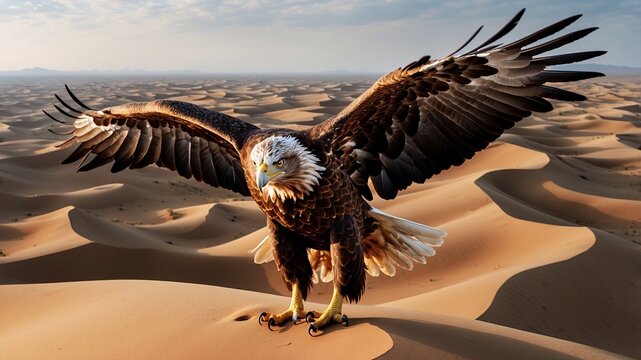 Majestic Eagle in the Desert: A powerful bald eagle stands proudly amidst rolling sand dunes, wings outstretched against a breathtaking desert landscape.  The image evokes freedom, strength.