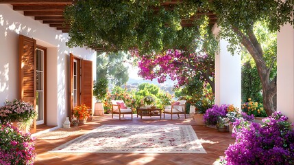 Sunlit patio with flowering plants, comfortable seating, and a view.