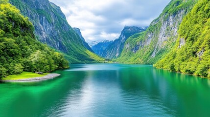 Majestic fjord landscape with lush green cliffs and tranquil waterway under cloudy sky