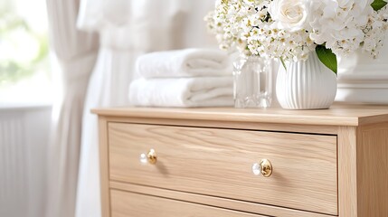 Wooden dresser with white flowers and towels in a bright bathroom.