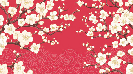 和柄-梅と波-赤