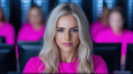 Blonde woman in bright pink attire sitting in a group setting with focused expression