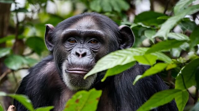 A chimpanzee sits peacefully among the trees in a serene woodland setting
