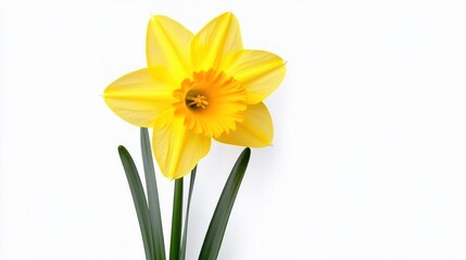 Bright yellow daffodil flower with green leaves against a white background.