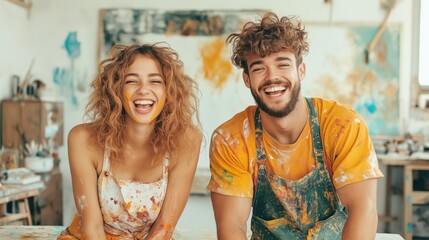Joyful artists covered in paint laughing together in a studio
