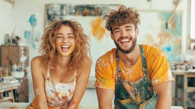Joyful artists covered in paint laughing together in a studio - Powered by Adobe