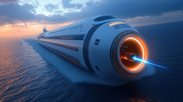 Futuristic hyperloop train gliding over ocean at sunset