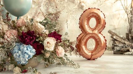 Fototapeta premium Elegant floral arrangement with metallic balloon celebrating number eight
