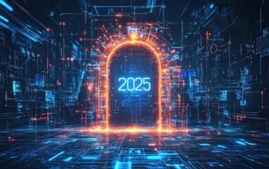 Futuristic Digital Gateway With Glowing 2025 Text And Blue-Orange Tech Elements On A Cyberpunk-Inspired Background