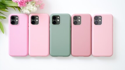 Pastel smartphone cases on display with minimalist floral arrangement
