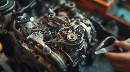 Close-up of a Disassembled Car Engine,  Revealing Intricate Mechanical Components and Details