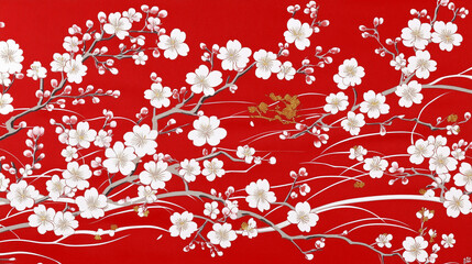 和柄-梅と波-赤