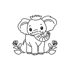 illustration of Black And White Coloring Book With Bold Lines, Cute Animal Elephant