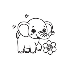 illustration of Black And White Coloring Book With Bold Lines, Cute Animal Elephant