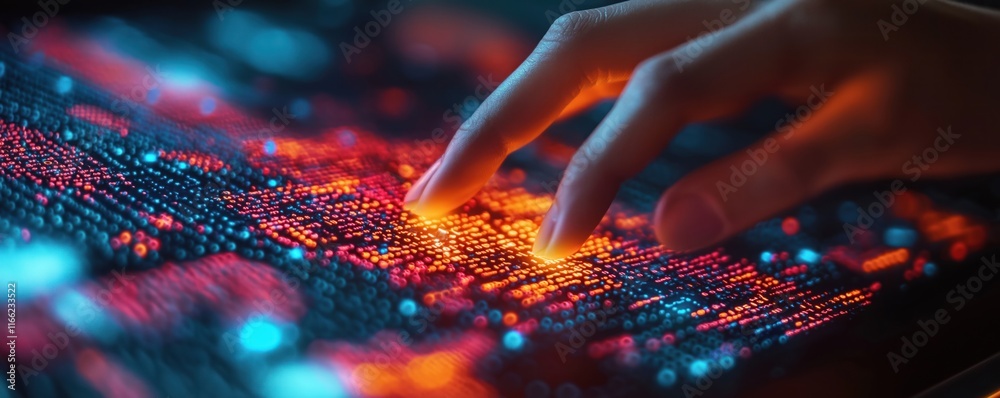 Poster hand interacts with vibrant digital interface. dynamic glowing tech interface. seamless business com