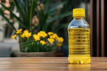 Bright Yellow Oil Bottle Surrounded by Lush Green Plants and Vibrant Flowers on a Rustic Wooden Table, Perfect for Kitchen and Culinary Themes