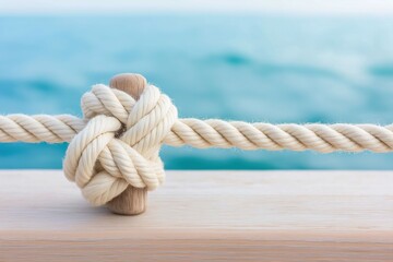 Fototapeta premium Nautical rope knot on wooden post with ocean background on a sunny day