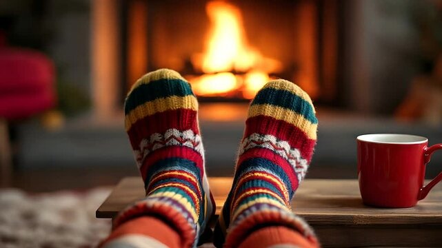 person with bright, patterned socks sits comfortably before a glowing fireplace, embodying warmth and relaxation