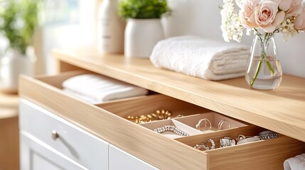 Open dresser drawer revealing organized jewelry and folded towels on top.