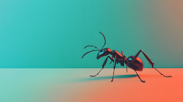 A stylized illustration of a black ant on a gradient background.