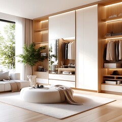 Modern minimalist walk-in closet with built-in storage, natural light, and seating area.