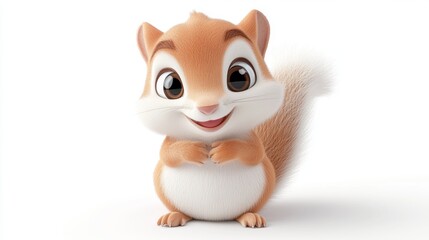 Fototapeta premium Cute cartoon squirrel with big eyes and fluffy tail on white background