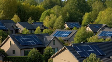 Obraz premium Suburban homes equipped with solar panels on roofs. Eco-friendly tech promotes renewable energy. Homes, trees visible in photo. Sustainable living. Alternative energy source. Residential houses with