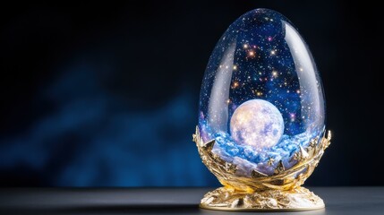 Cosmic egg with starry night sky encapsulated in glass on ornate stand