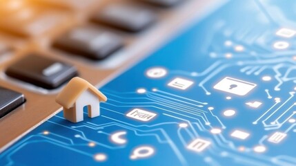 Fototapeta premium Digital home network concept: miniature house on circuit board keyboard