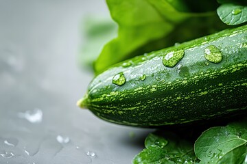 Fresh green cucumber with water droplets on a gray background, surrounded by vibrant leafy greens, highlighting natural freshness and healthy living concepts.