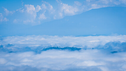 Fototapeta premium Beautiful natural scenery of cloudscape the sea of mist in the morning at Doi Ba Lu Kho Mountain View Point Campground at Mae Chaem, Chiang Mai, Thailand. Background Happy holiday recreation.