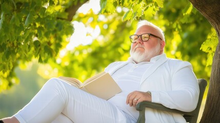 Fototapeta premium Elderly man in white suit relaxing outdoors in nature with a book
